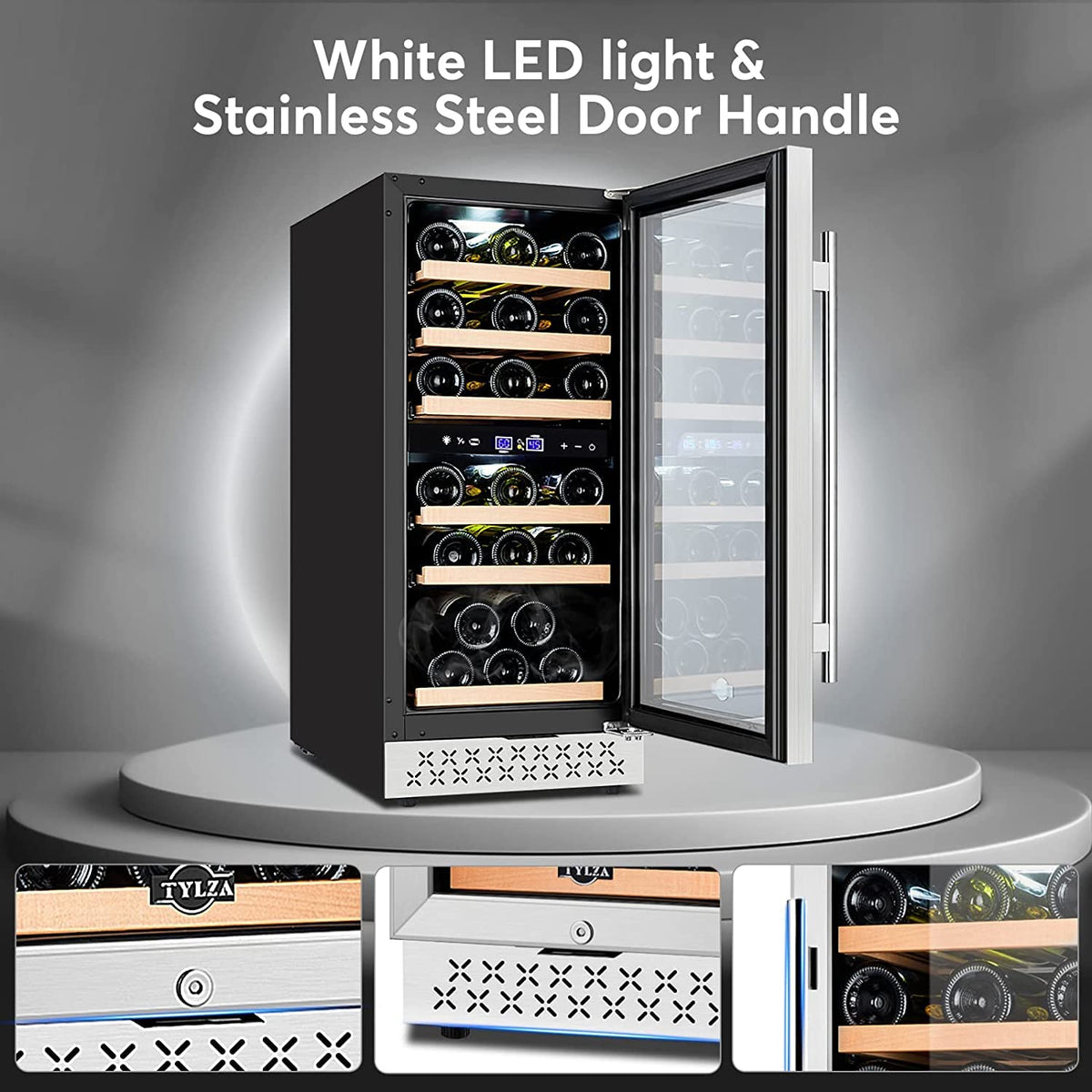 Tylza Wine Fridge 15'', 30 Bottles Wine Cooler Refrigerator, Undercounter or Freestanding, Removable Shelves, 40-65Â°F, Wine Cabinet with Double Glass Door, Wine Cooler for Home, Kitchen, Bar