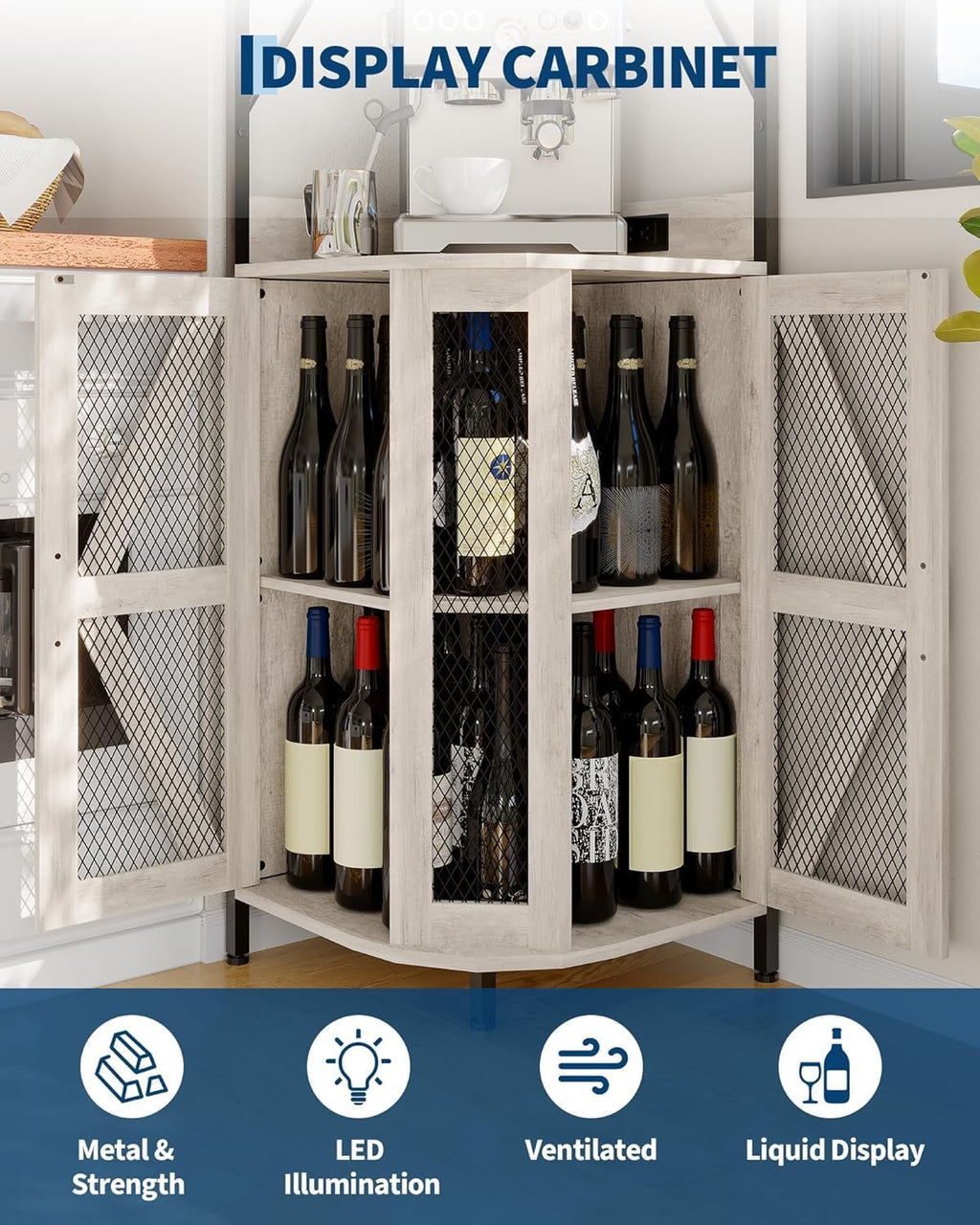 Garvee 72-Inch Industrial Corner Wine Cabinet with Built-in Power Outlet and LED Strip, Mesh Door Liquor Storage with Glass Holder, 5-Tier Bar Display Unit for Home or Small Space, Sturdy Metal Frame