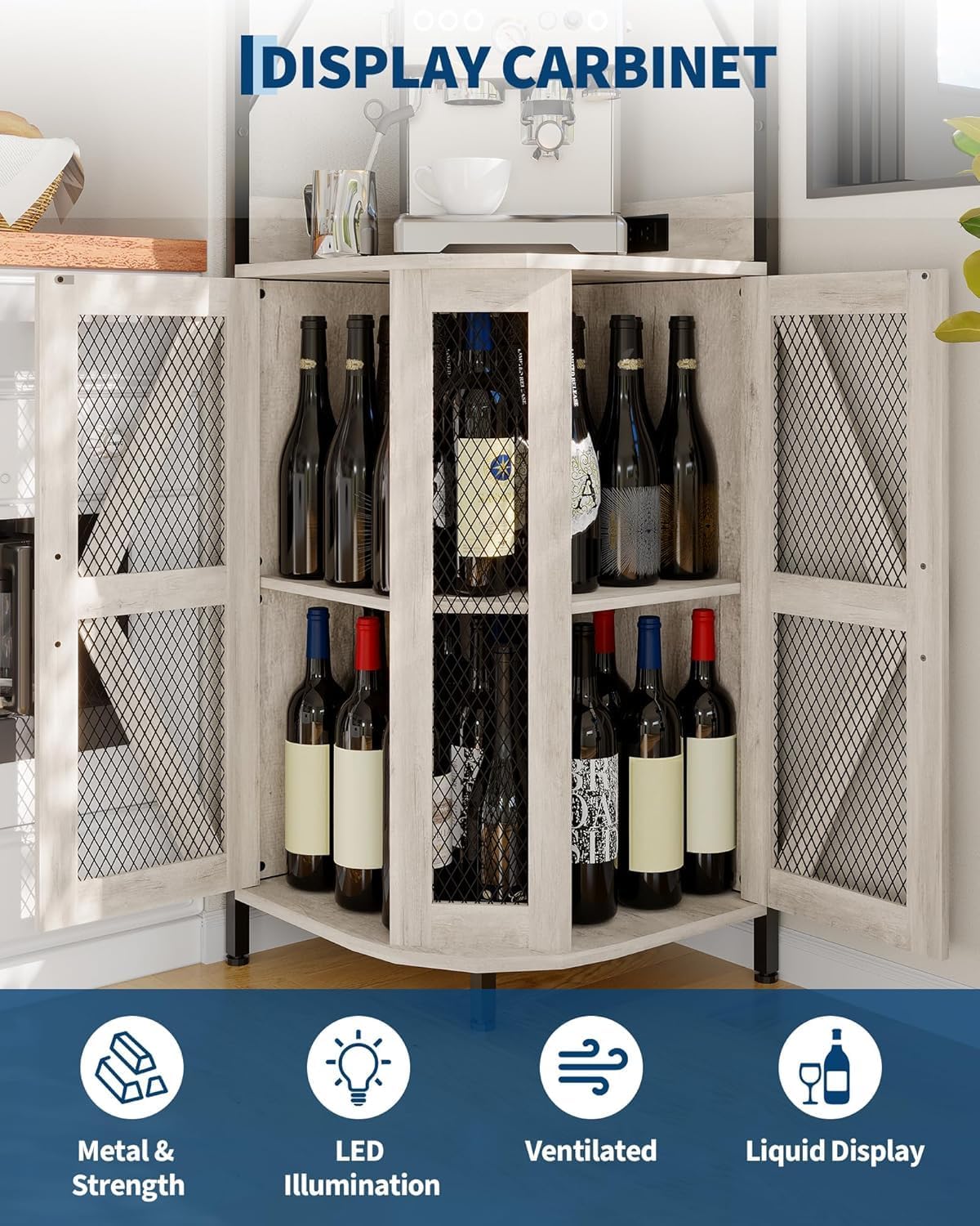 Garvee 72-Inch Industrial Corner Wine Cabinet with Built-in Power Outlet and LED Strip, Mesh Door Liquor Storage with Glass Holder, 5-Tier Bar Display Unit for Home or Small Space, Sturdy Metal Frame