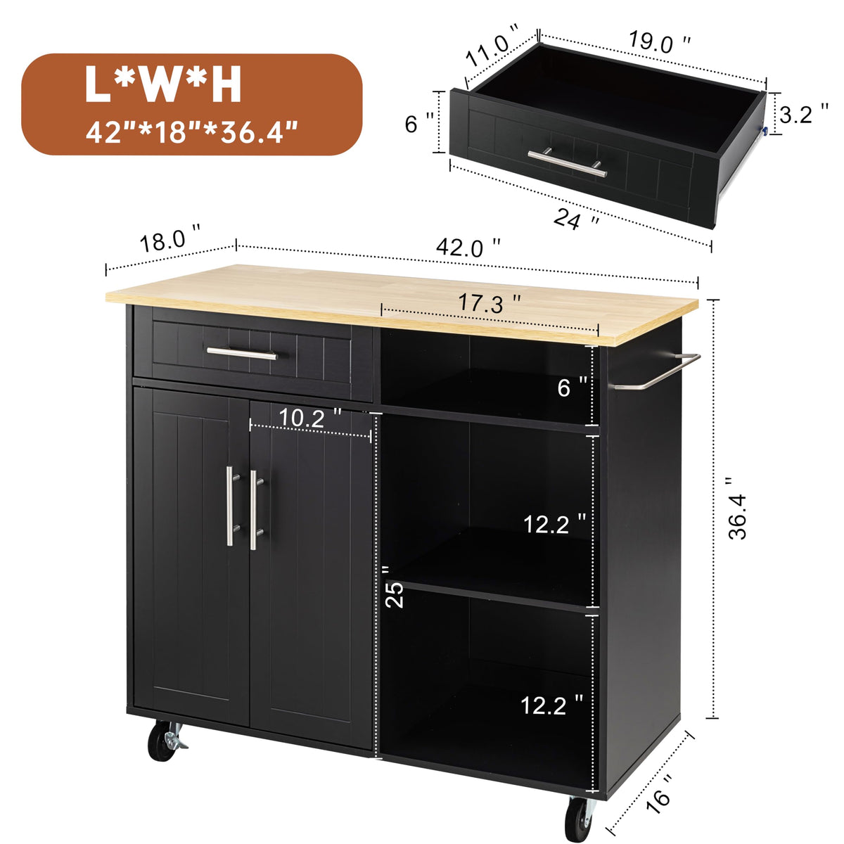 SUNLEI Kitchen Island Cart on Wheels with Storage Cabinet & Drawer, 26" Width Rolling Kitchen Table, Cart Handle for Towel Rack or Free Mobility, Kitchen Cart, Dining Room(Black)