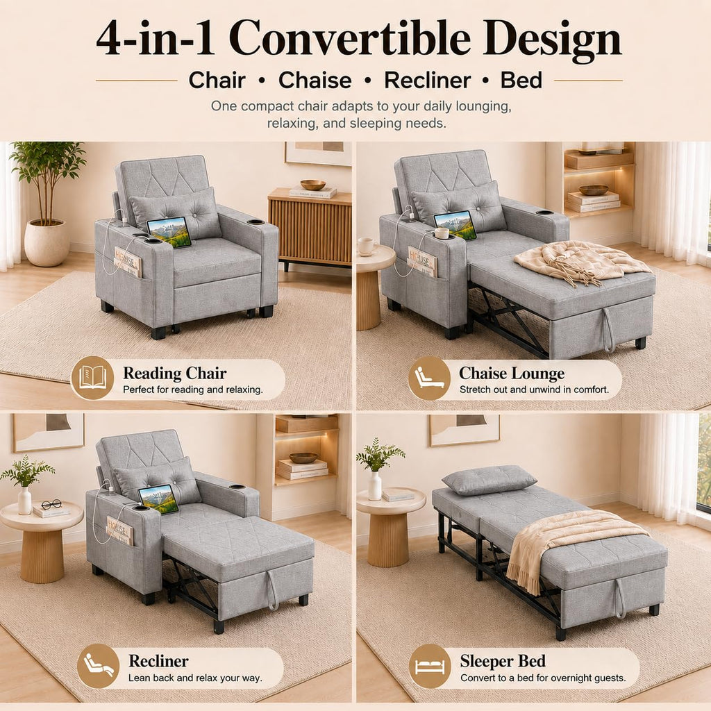 AILEEKISS Sleeper Chair Bed, 3-in-1 Convertible Pull Out Sofa, Faux Leather