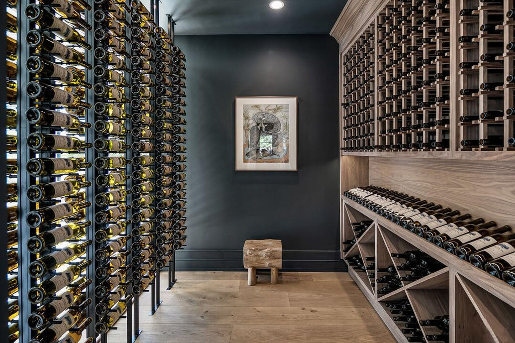 Ultra Wine Racks Floor-to-Ceiling Mount Display (1 Side, Double Deep, Black, Holds 42 Wine Bottles) - Modern Metal Wine Storage for Wine Cellars, Home Bars, Kitchens, and Dining Rooms