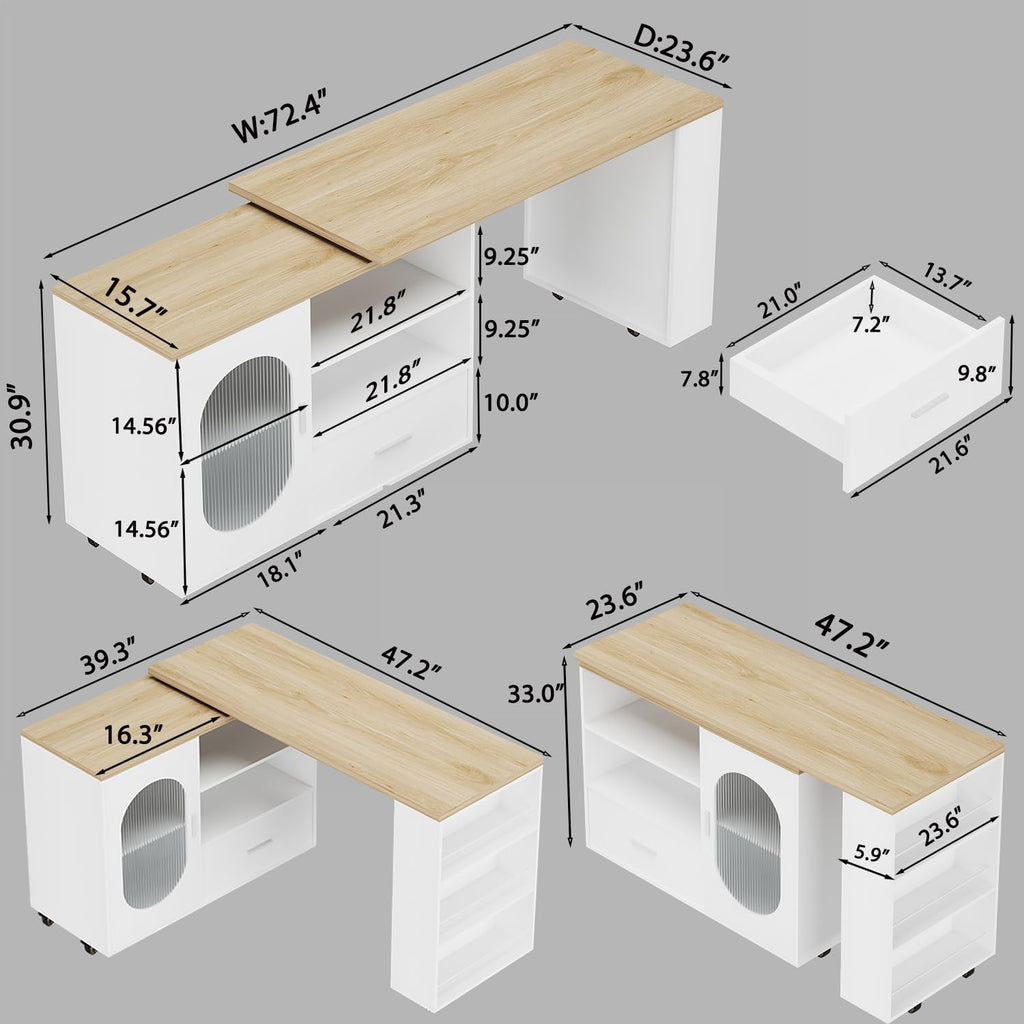 HSH 72â Rolling Kitchen Island with Seating & Storage on Wheels, White Oak