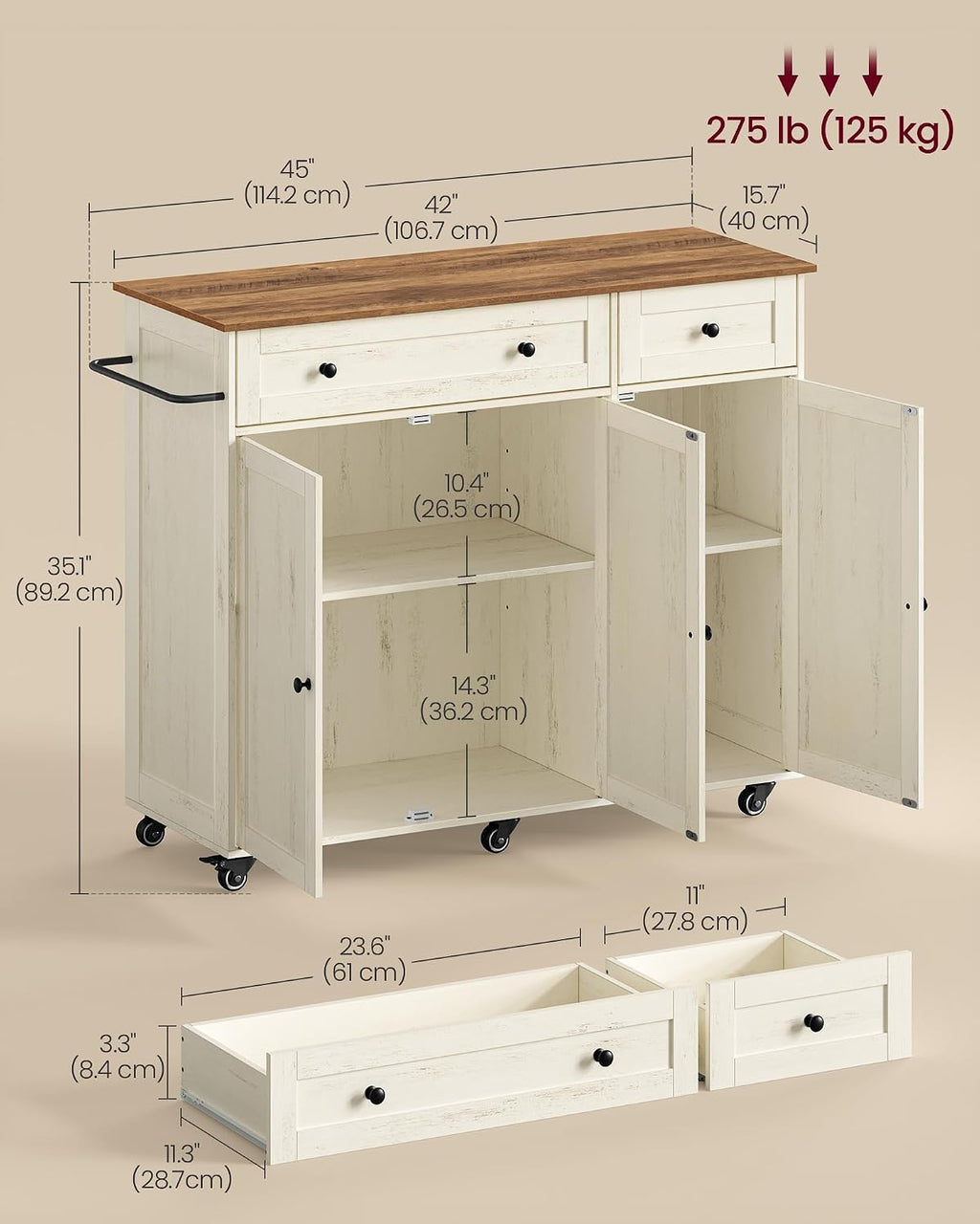 VASAGLE Mobile Kitchen Wooden Island Cart with Storage for Dining Room