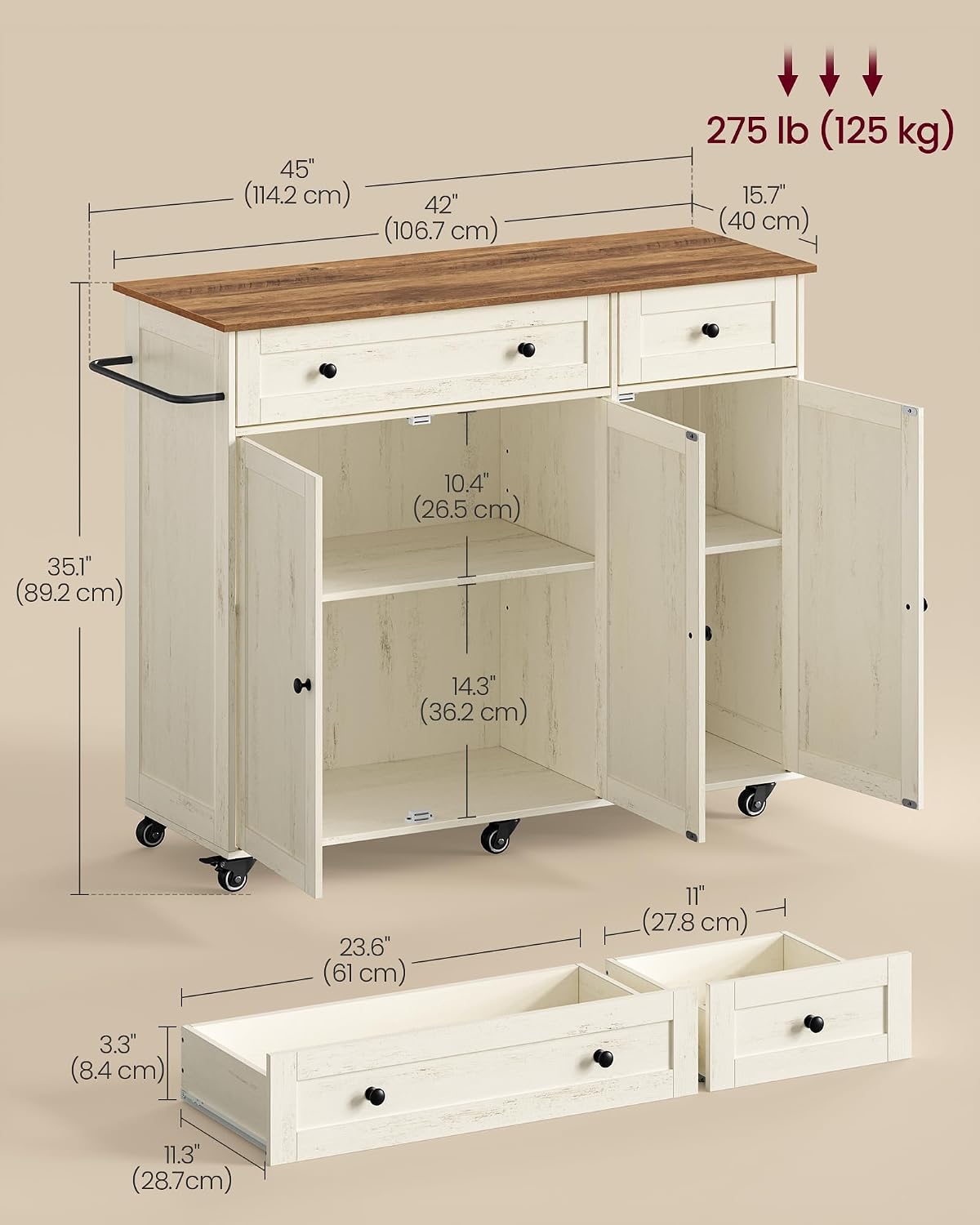 VASAGLE Mobile Kitchen Wooden Island Cart with Storage for Dining Room