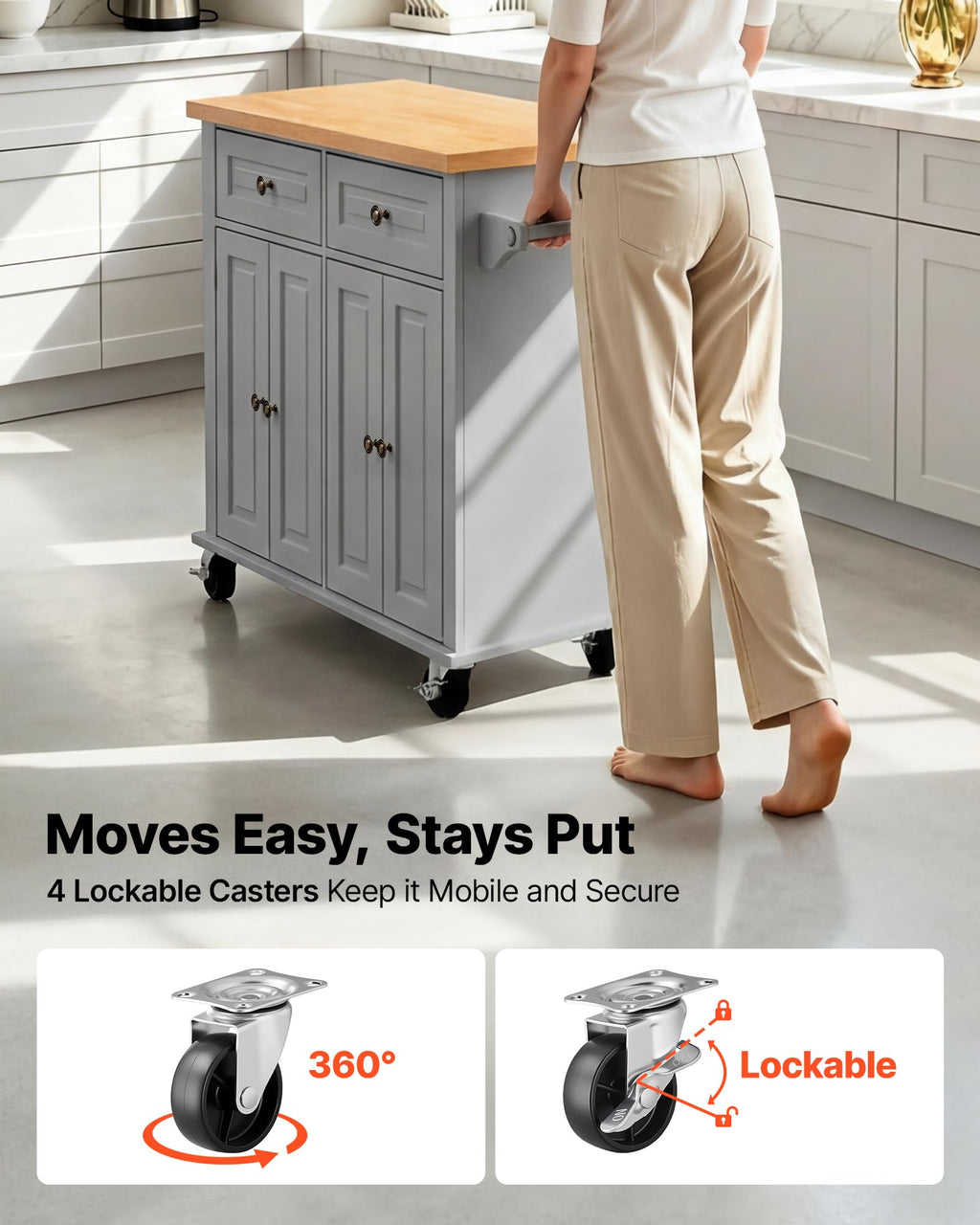 VEVOR Kitchen Island Cart with Storage, 43.58 in Wide Mobile Rolling Storage Island on Swivel Wheels, with 2 Drawers, Storage Cabinet, Drop Leaf, Spice/Towel Rack, Table for Home Dining Room, White