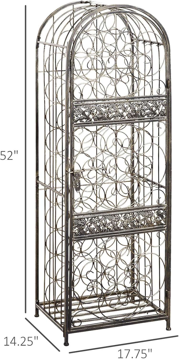 HOMCOM 45 Bottle Wrought Iron Wine Rack Jail with Lock Antique Bronze