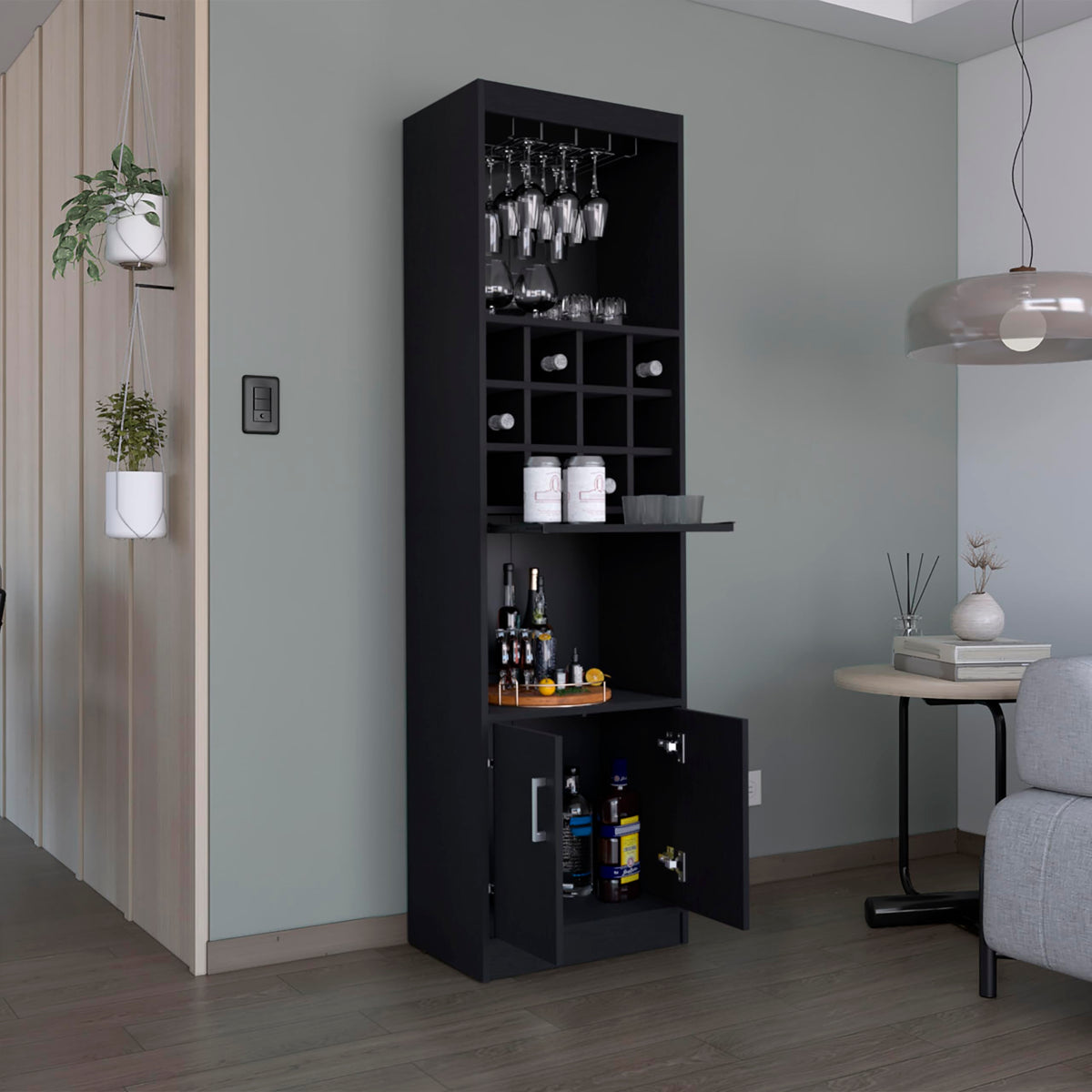 71" Modern Tall Bar Cabinet with 2 Doors Cabinet, 5-Tier Bistro Organizer with 12-Bottle Wine Rack & 12 Stemware Slots, Versatile Liquor Cabinets with Pull-Out Tray for Bar Kitchen Living Room,White
