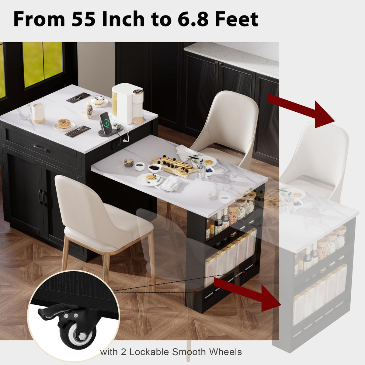 Large Kitchen Island with Extended Dining Table and Power Outlet, Rolling Kitchen Storage Cart with 3 Drawers, Kitchen Island on Wheels with Spice Rack and 2 Door Cabinet, Black