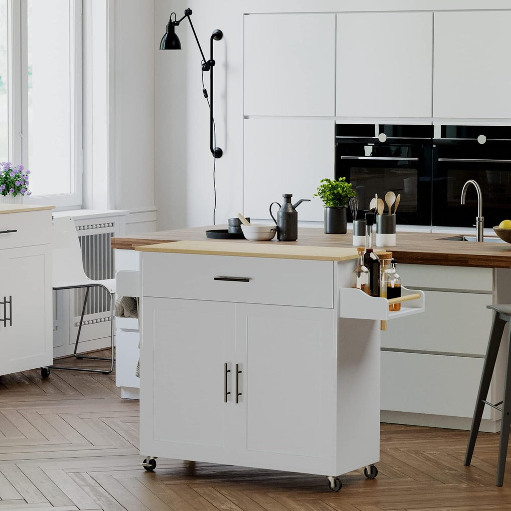 IRONCK Kitchen Island Table on Wheels with Drop Leaf, 47.25" Wide White
