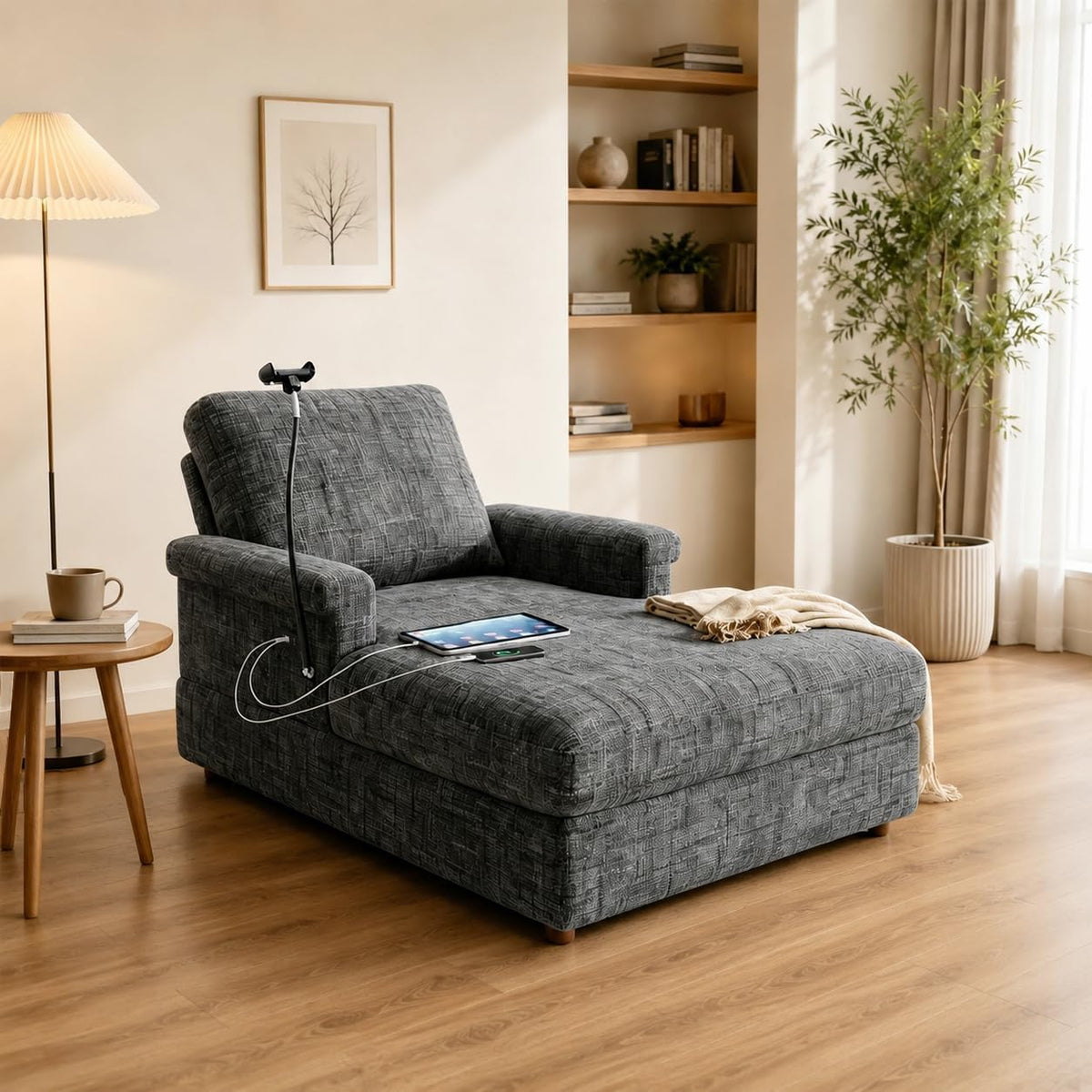EJUNQ 66.5" Oversized Chaise Lounge Chair Indoorï¼Cozy Sofa Bed with Phone Holder and USB Chargerï¼Upholstered Deep Seat Sleeper Sofa Bedï¼Comfy Single Sofa Armchair for Living Room, Grey