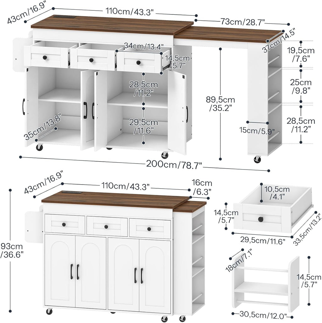 HOOBRO Extendable Kitchen Island with Extended Table & Power Outlet