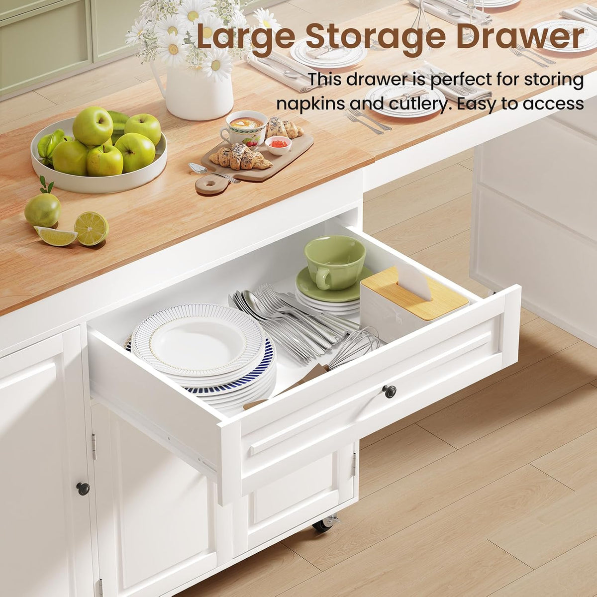 Expandable Kitchen Island with Storage Drawer and Wheels, White
