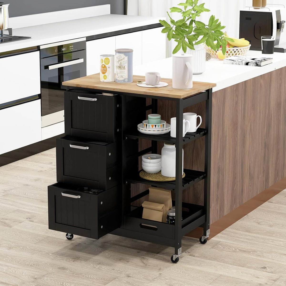 GOFLAME Kitchen Island Cart on Wheels with Storage, Versatile Rolling Cart with Wood Countertop, 3 Drawers, Removable Tray & Lockable Casters, Mobile Serving Trolley for Kitchen, Dining Room, Black