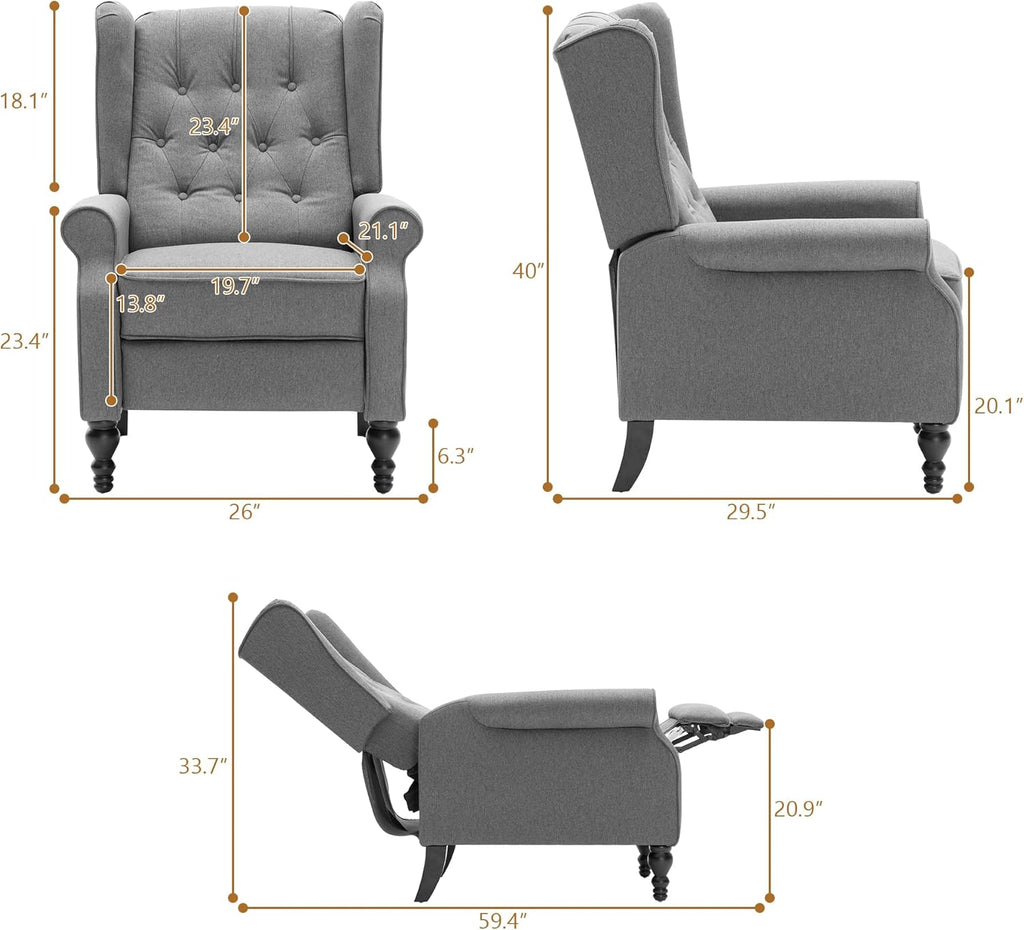 Mid Century Wingback Recliner Chair for Adults, Modern Linen Fabric Push Back Recliner Chairs with Button Tufted Upholstered Back & Footrest, Manual Recliner Chais for Living Room, Nursery, Gray