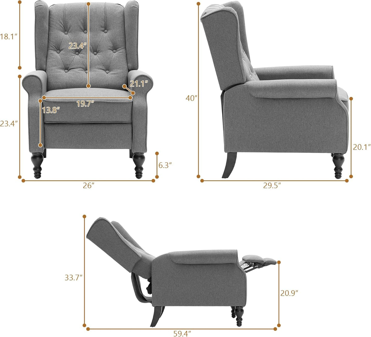 Mid Century Wingback Recliner Chair for Adults, Modern Linen Fabric Push Back Recliner Chairs with Button Tufted Upholstered Back & Footrest, Manual Recliner Chais for Living Room, Nursery, Gray