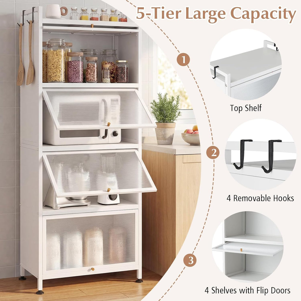 GIANTEX 5-Tier Kitchen Storage Cabinet, 4 PC Doors, Rolling Wheels, White