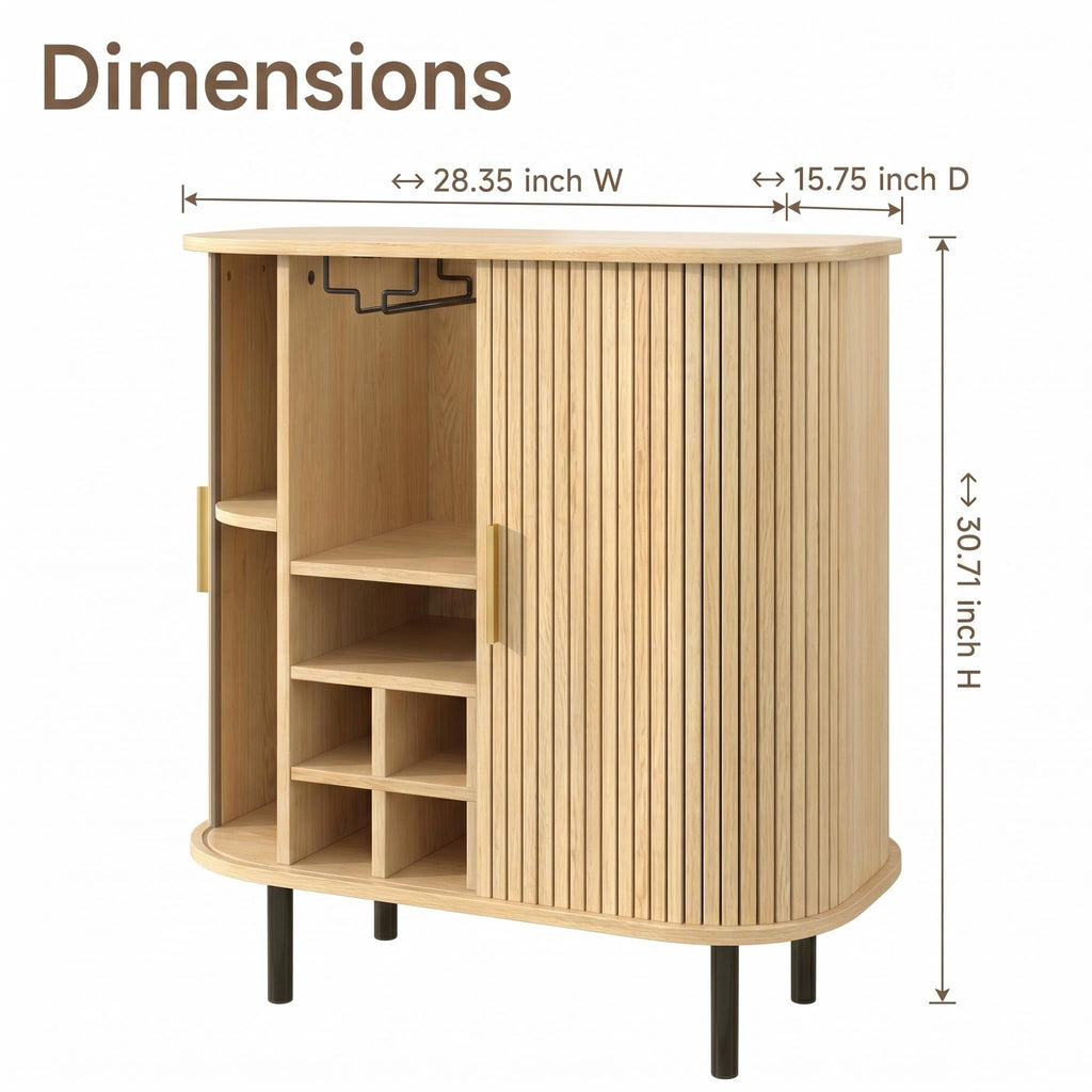 28 Inch Fluted Wine Bar Cabinet with Storage, Coffee Bar Cabinet with Sliding Tambour Doors, 8-Grid Wine Rack, Glass Holders, Adjustable Shelves, Sideboard Buffet Cabinet(Black)