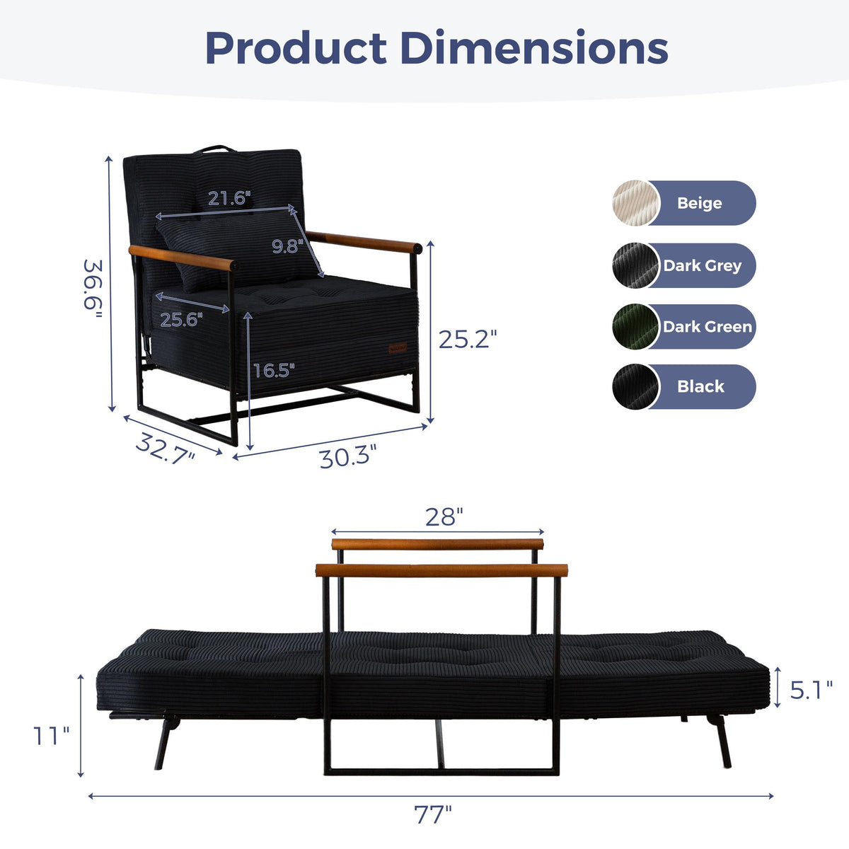 MAXYOYO Chair Bed, Adjustable Sleeper Chair, Single Sofa Bed with Frame