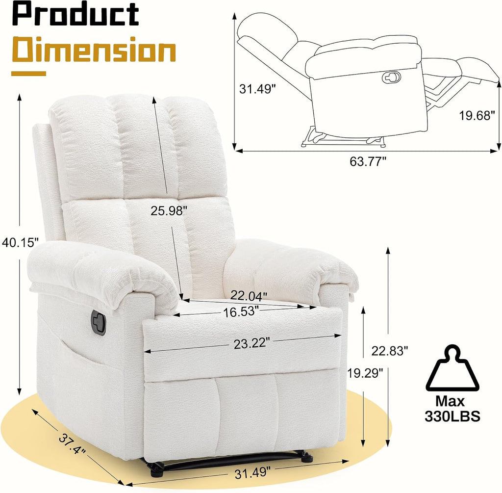 Korser Recliner Chair, Living Room Recliner Chairs for Adults, Small Recliners for Small Spaces, Upholstered Manual Recliner with Side Pockets, Comfy Nursery Chair for Living Room, Chenille, Beige