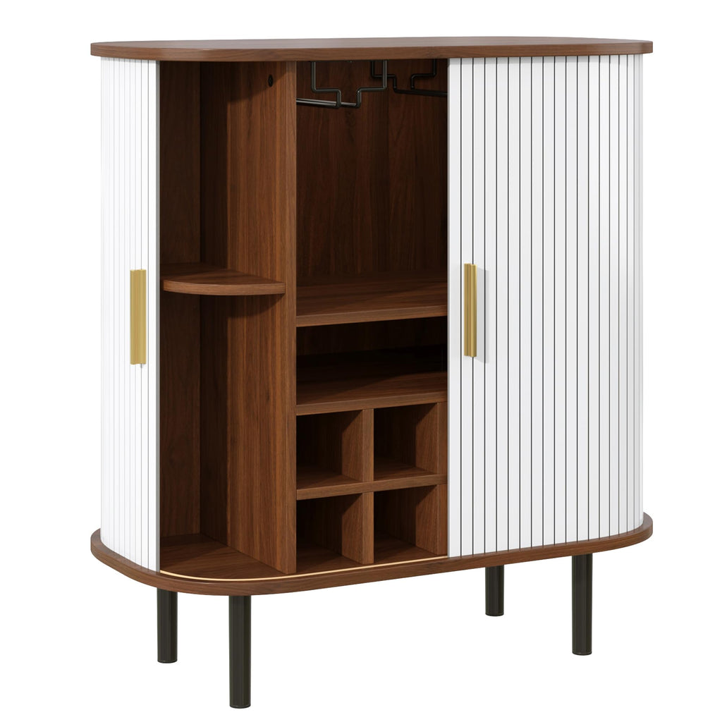 Natural Wine & Coffee Bar Cabinet with Gold Handle & Sliding Tambour Doors,Modern Curved Liquor Cabinet Coffee Station with 8*Wine Rack & 2*Glass Holders,5-Level Adjustable Shelf & Side Hidden Storage