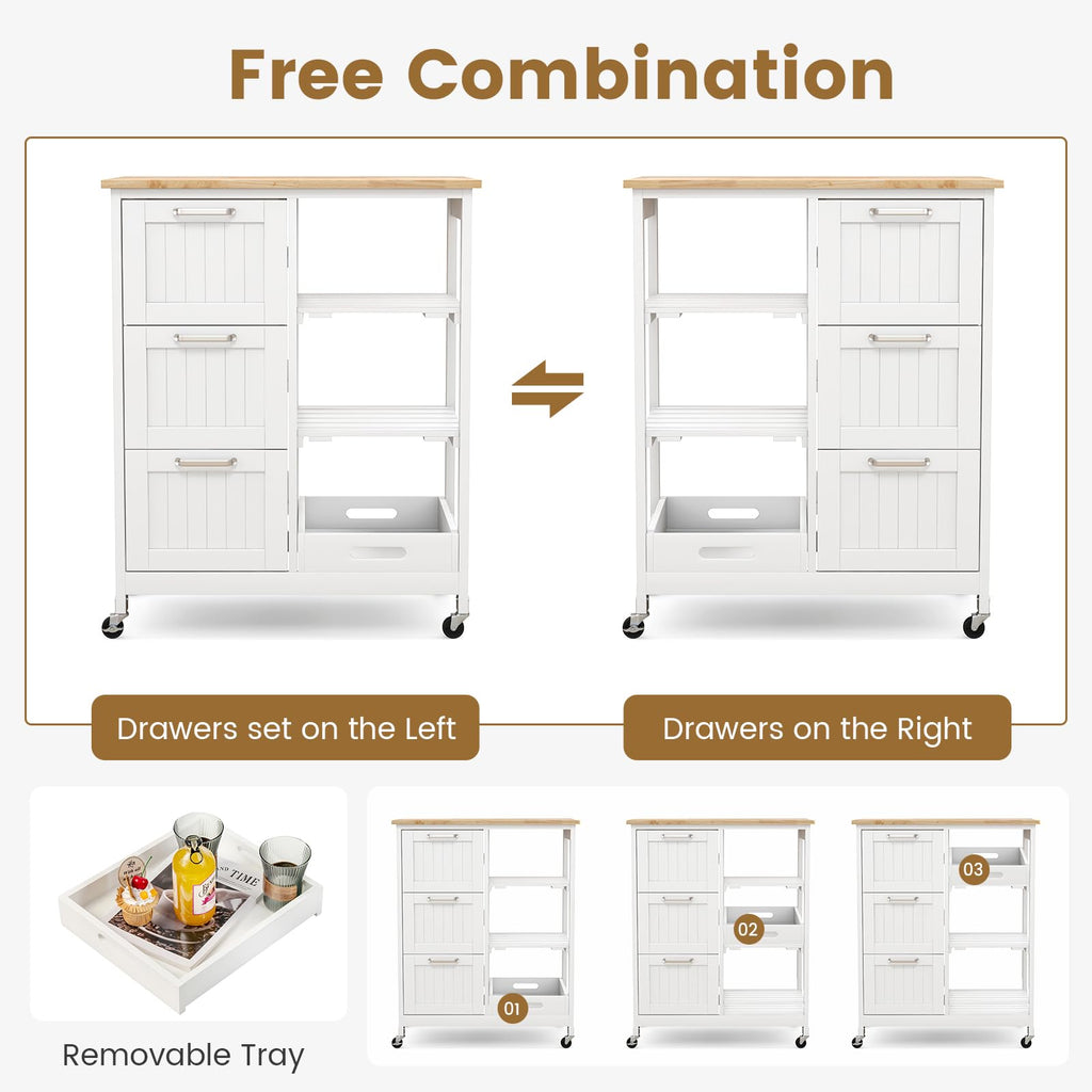 GOFLAME Kitchen Island Cart on Wheels with Storage, Versatile Rolling Cart with Wood Countertop, 3 Drawers, Removable Tray & Lockable Casters, Mobile Serving Trolley for Kitchen, Dining Room, Black