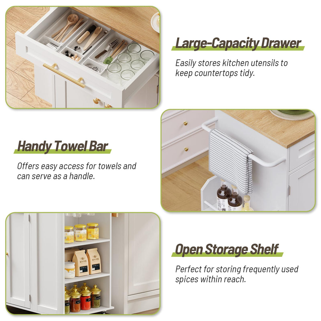 Kitchen Island with Storage, Rolling Kitchen Table with Drop Leaf, Charging Station, 3 Open Adjustable Shelf & Drawer, Towel Rack, Mobile Kitchen Cart for Dining Room, Black and Natural