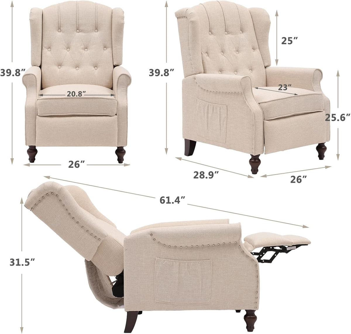 IPKIG Wingback Pushback Recliner Chair - Mid Century Recliner Armchair with Massage and Heat, Rivet Decoration, Button-Tufted Back, Solid Wood Legs for Living Room, Bedroom, Office(Beige)