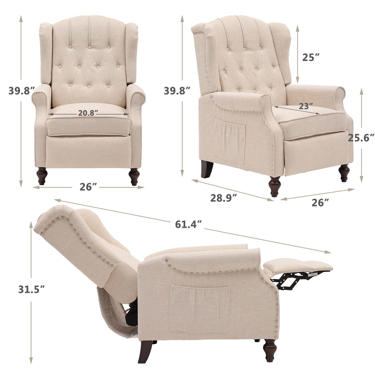IPKIG Wingback Pushback Recliner Chair - Mid Century Recliner Armchair with Massage and Heat, Rivet Decoration, Button-Tufted Back, Solid Wood Legs for Living Room, Bedroom, Office(Beige)