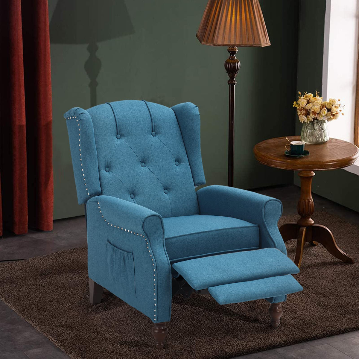 Wingback Recliner Chair - Tufted Arm Chair Recliner - Fabric Push Back Single Sofa for Living Room Adjustable Backrest (Blue Floral)