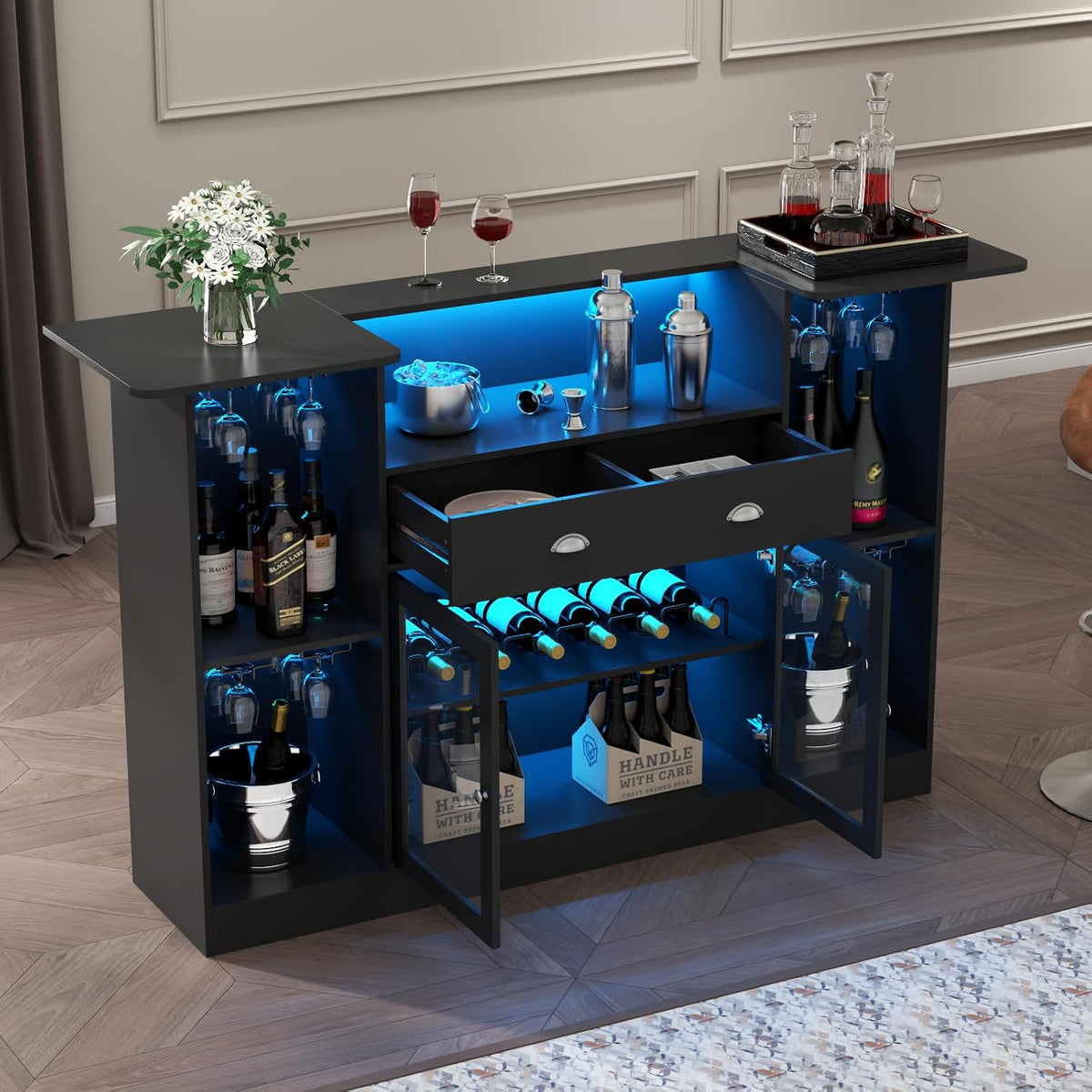 63" LED Bar Cabinet with Drawer, 8-Tier Storage & Glass Holders for Home