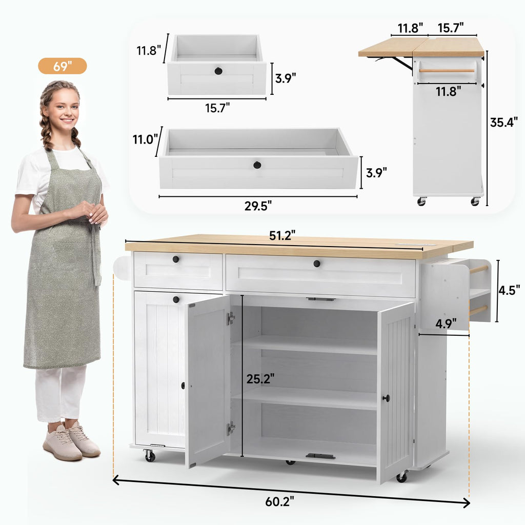 ONBRILL 60" Kitchen Island with Trash Can Storage, Rolling Island Table