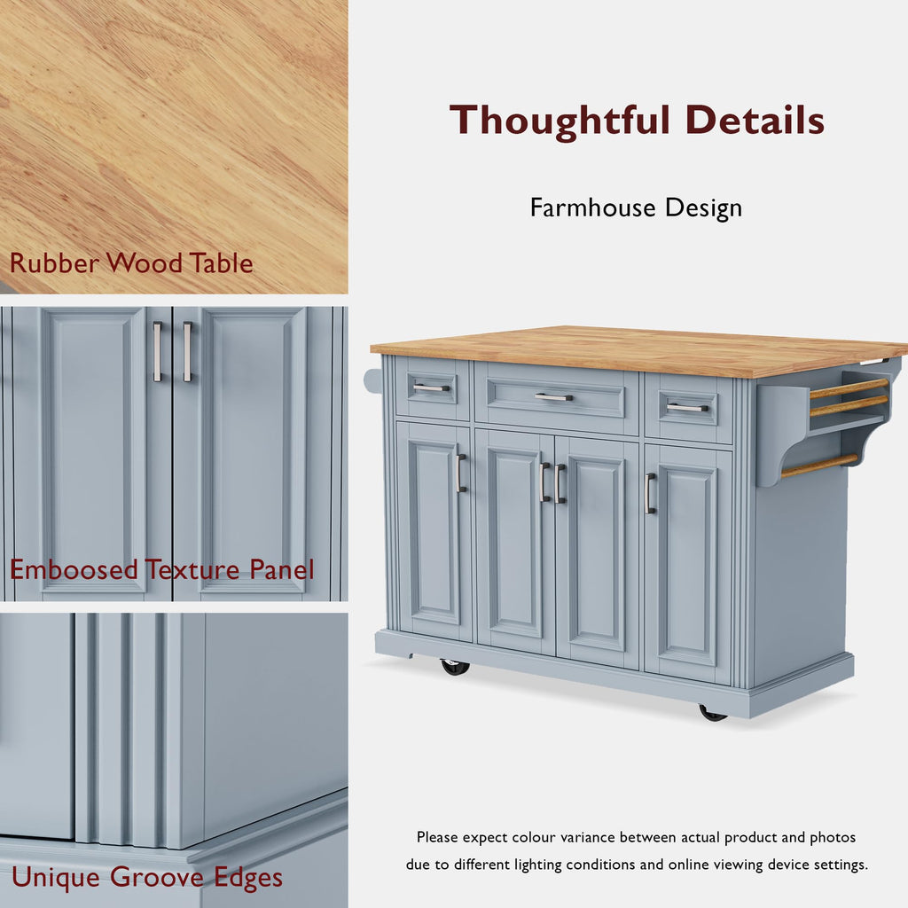 53" Large Kitchen Island with Drop Leaf & Power Outlet, Rolling Kitchen Cart on 5 Wheels with Internal Door Storage Rack, 5 Open Side Racks, 3 Drawers, 2 Doors for Kitchen Dining Room