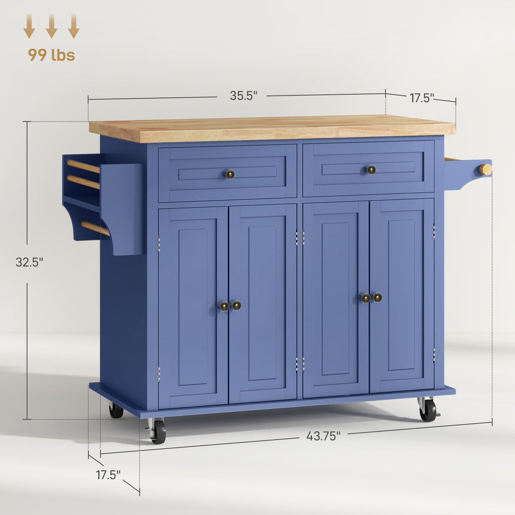 HOMCOM Kitchen Island Cart on Wheels with Solid Wood Top, 44" Cream White