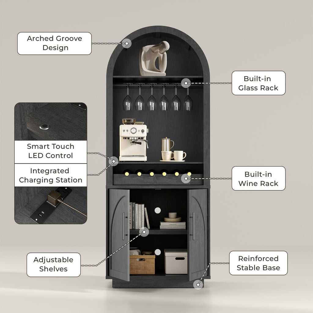 Fatmok 79" Tall Arched Pantry Cabinet with LED Light & Charging Station, Modern Coffee Bar Liquor Cabinet with Wine Rack & Glass Holder, Kitchen Storage Cabinet with Adjustable Shelves, Black Grey