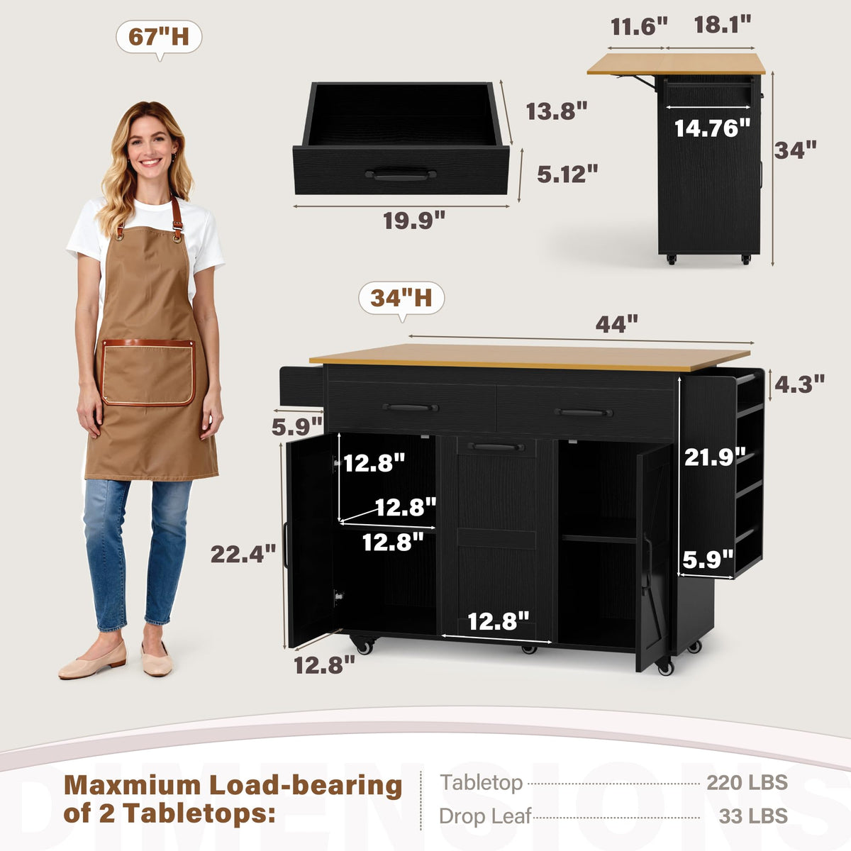 YESHOMY Kitchen Island on Wheels with Trash Cabinet, White & Brown