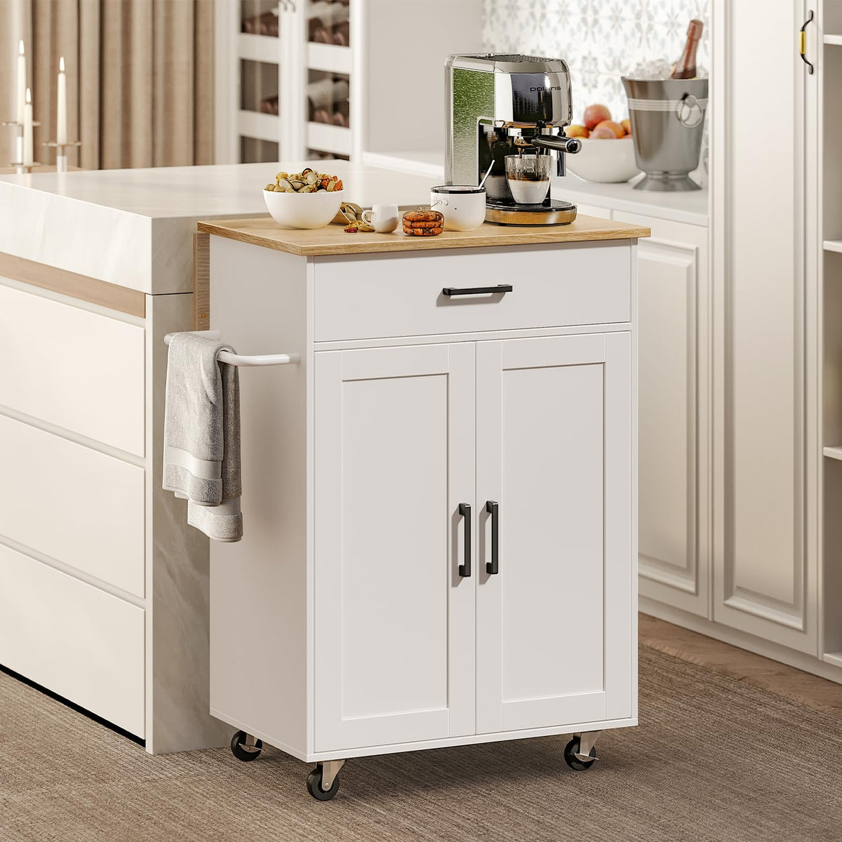 MAHANCRIS Kitchen Island on Wheels with Drop Leaf, Folding Countertop Kitchen Island Cart, Kitchen Island Table with Towel Rack, Drawer, for Kitchen, Dining Room, White and Walnut KIBZ12501