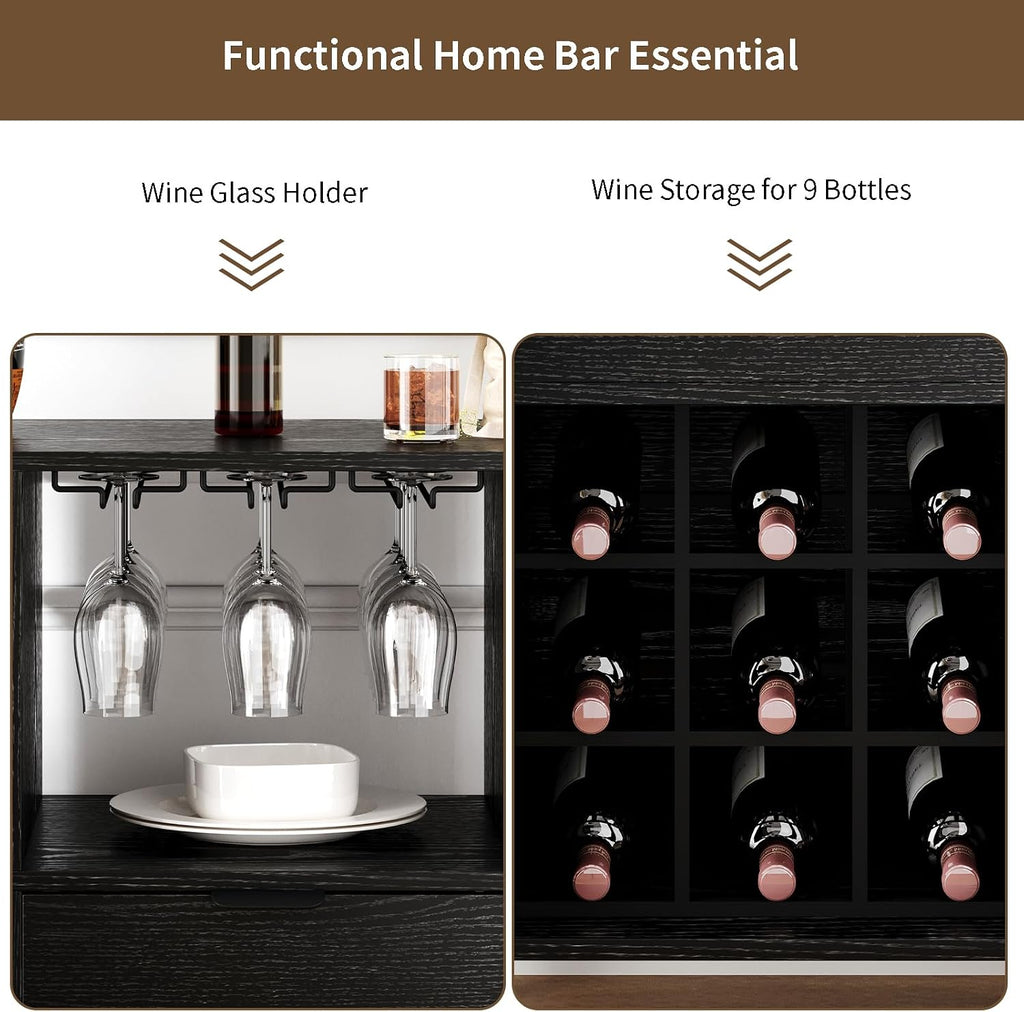 31.5" Black Bar Cabinet with Wine Rack & Sliding Door