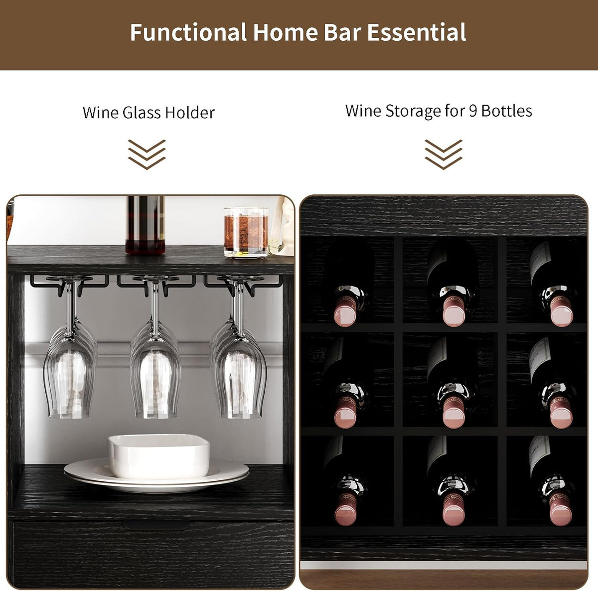 31.5" Black Bar Cabinet with Wine Rack & Sliding Door