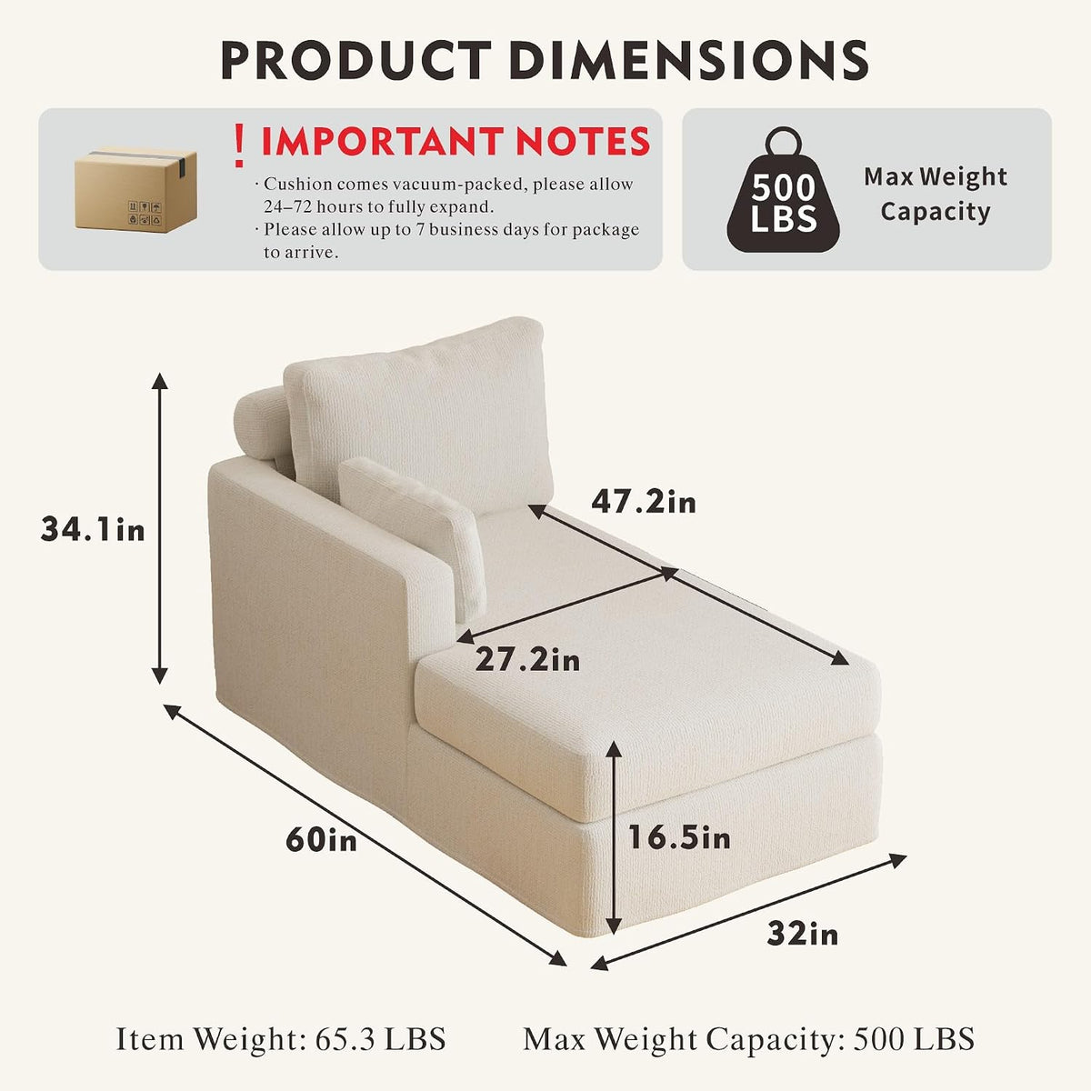 Modern 32''W Chaise Lounge with Armrest (Hold Right Arm), Indoor Recliner, Comfy Deep Seat Sleeper Chair Single Sofa Bed for Apartment, Living Room, Ivory L.