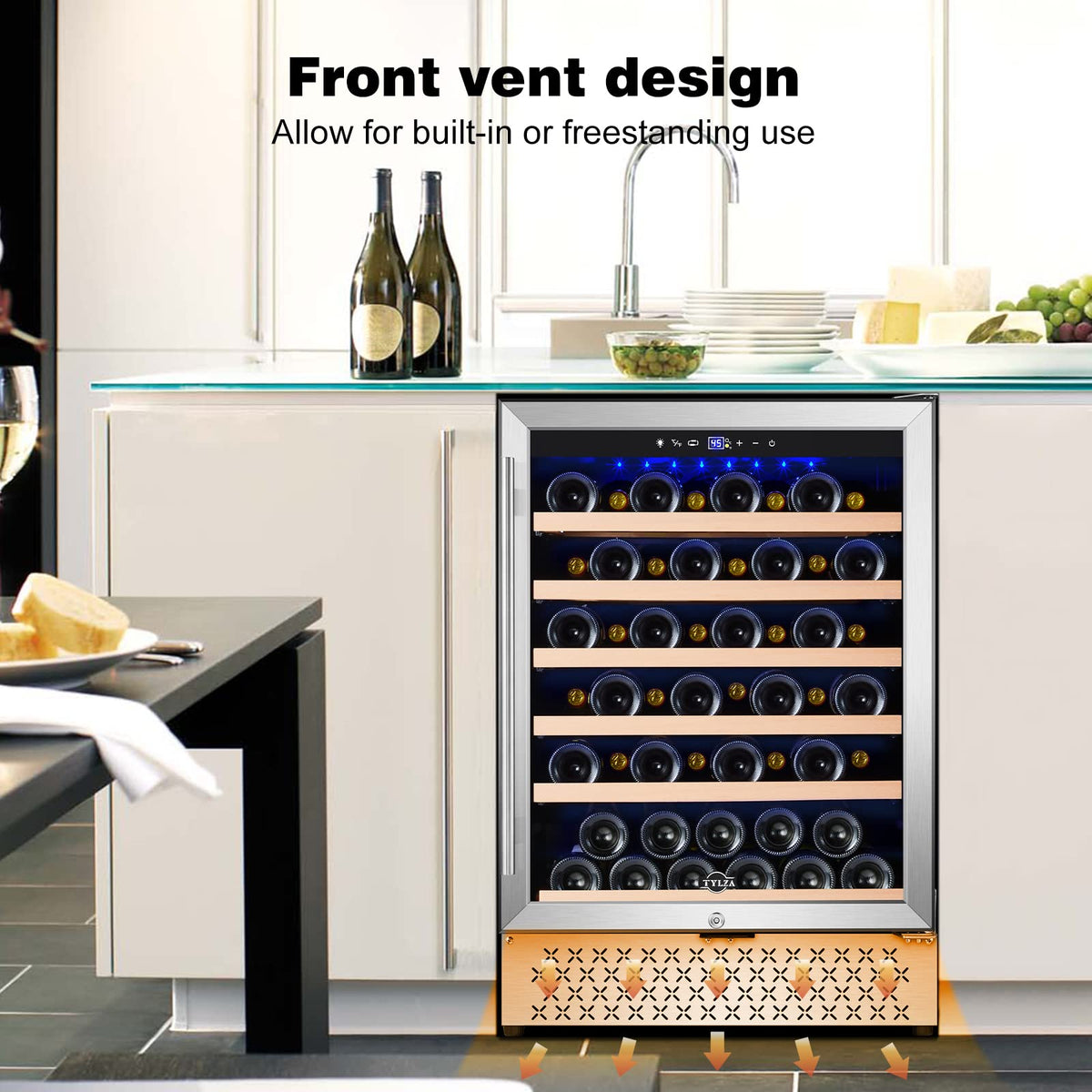 Tylza Wine Fridge 15'', 30 Bottles Wine Cooler Refrigerator, Undercounter or Freestanding, Removable Shelves, 40-65Â°F, Wine Cabinet with Double Glass Door, Wine Cooler for Home, Kitchen, Bar