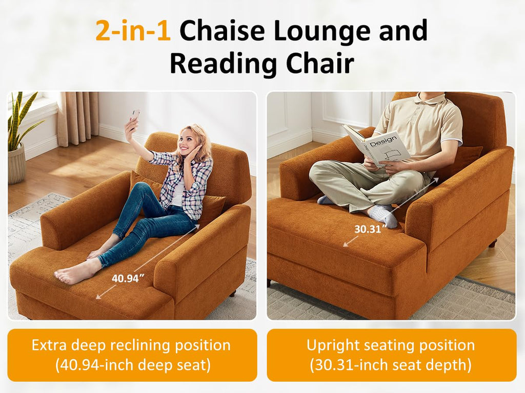 Oversized Chaise Lounge Chair with Adjustable Backrest, Polyester White