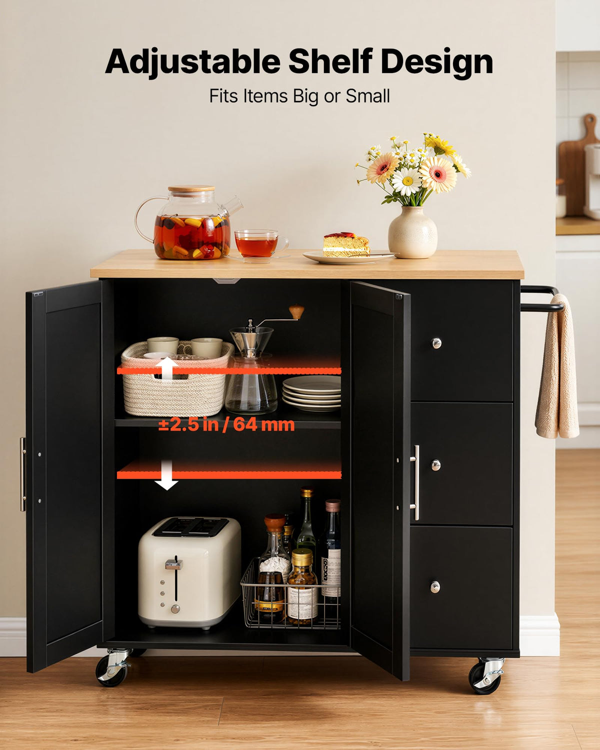 VEVOR Kitchen Island Cart with Storage, 42.28 in Wide Mobile Rolling Storage Island on Swivel Wheels, with Drawer, Storage Cabinet, Drop Leaf, Spice Rack, Table for Home Dining Room, White