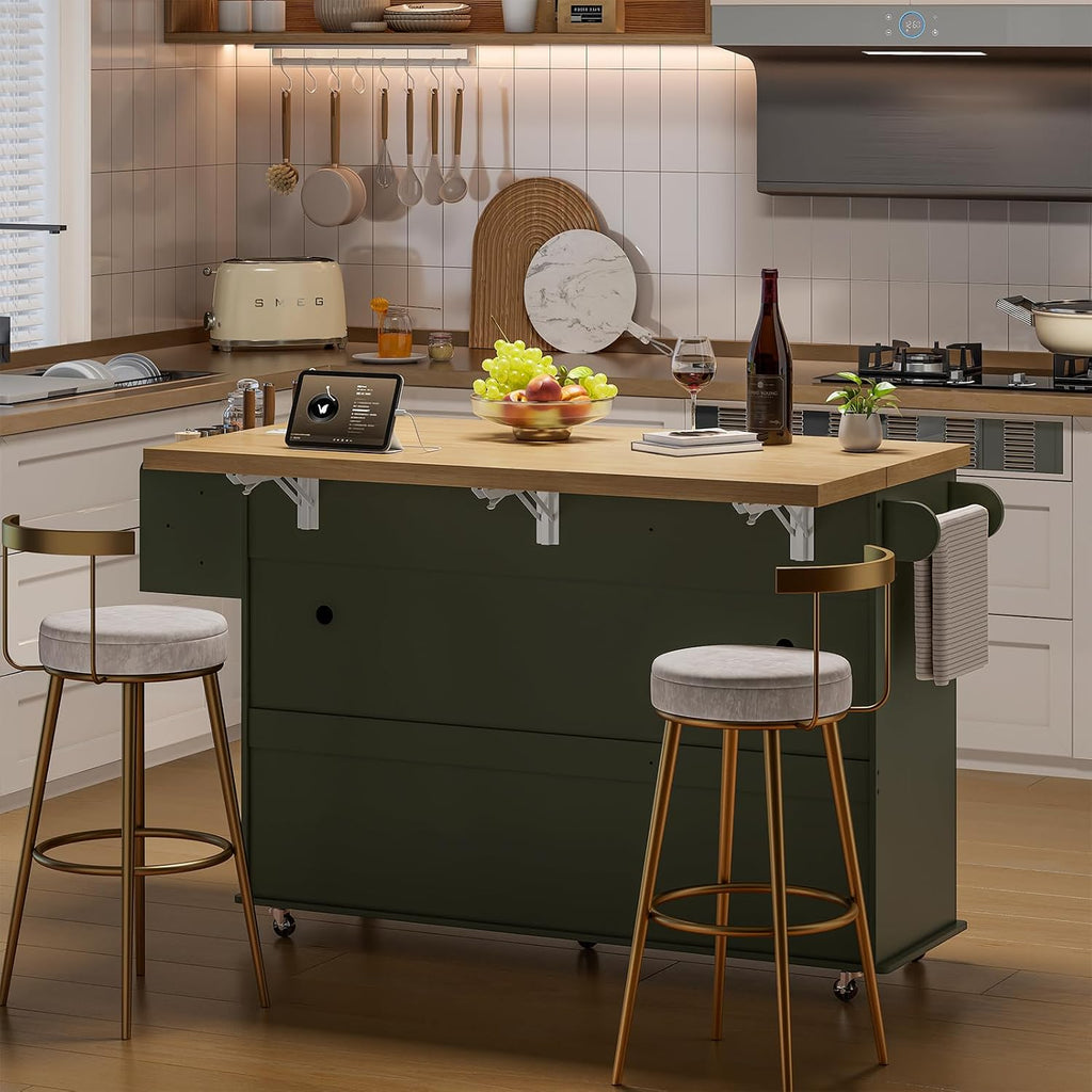 ONBRILL 60" Kitchen Island with Trash Can Storage, Rolling Island Table