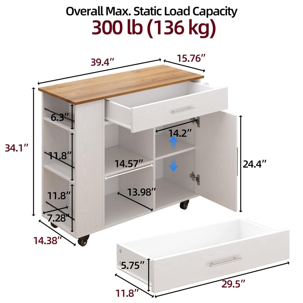 39'' Kitchen Island with Storage, Rolling Kitchen Island on Wheels, Grey