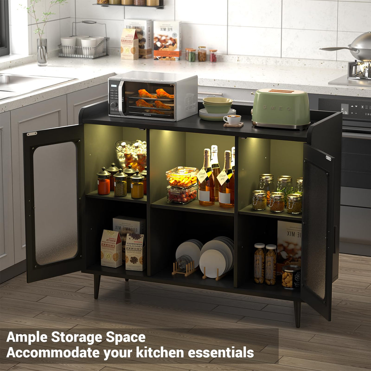 iSunirm Wine Bar Cabinet with Power Outlet & LED Light, Black Oak