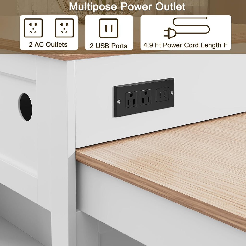 HLR 72" Kitchen Island with Extendable Table for 2-4, Island Table for Kitchen with Power Outlet and Storage Slide Out Legs, Rolling Islands Cart with 2 Doors (White)