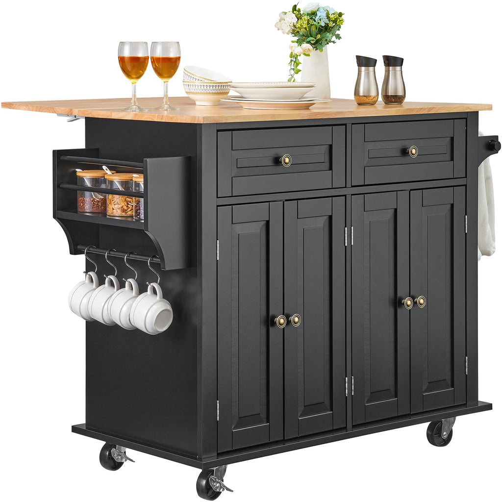 VEVOR Kitchen Island Cart with Storage, 47.64 in Wide Mobile Rolling Storage Island on Swivel Wheels, with 2 Drawers, Storage Cabinet, Drop Leaf, Towel Rack, Table for Home Dining Room, White