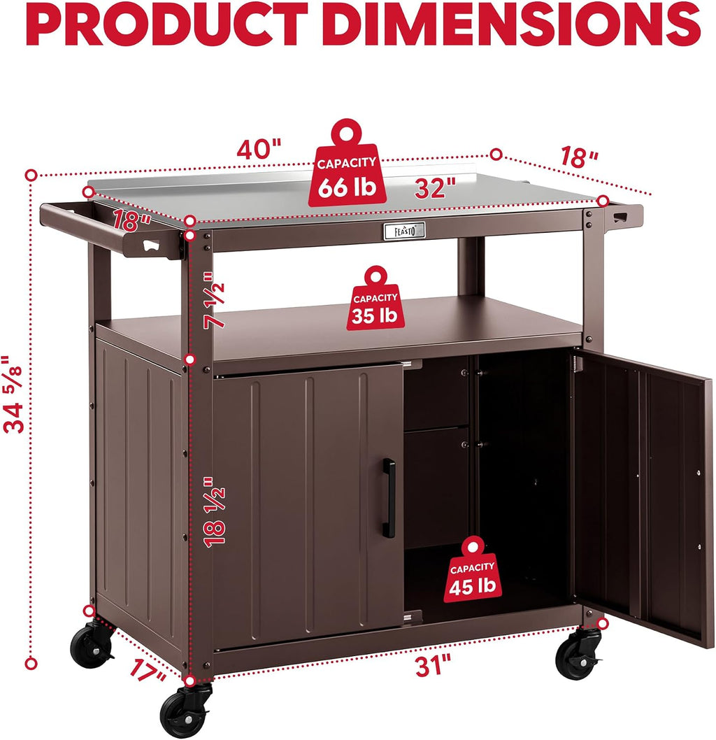 Feasto Outdoor Grill Cart w/Storage Cabinet, Stainless Steel Top, Brown
