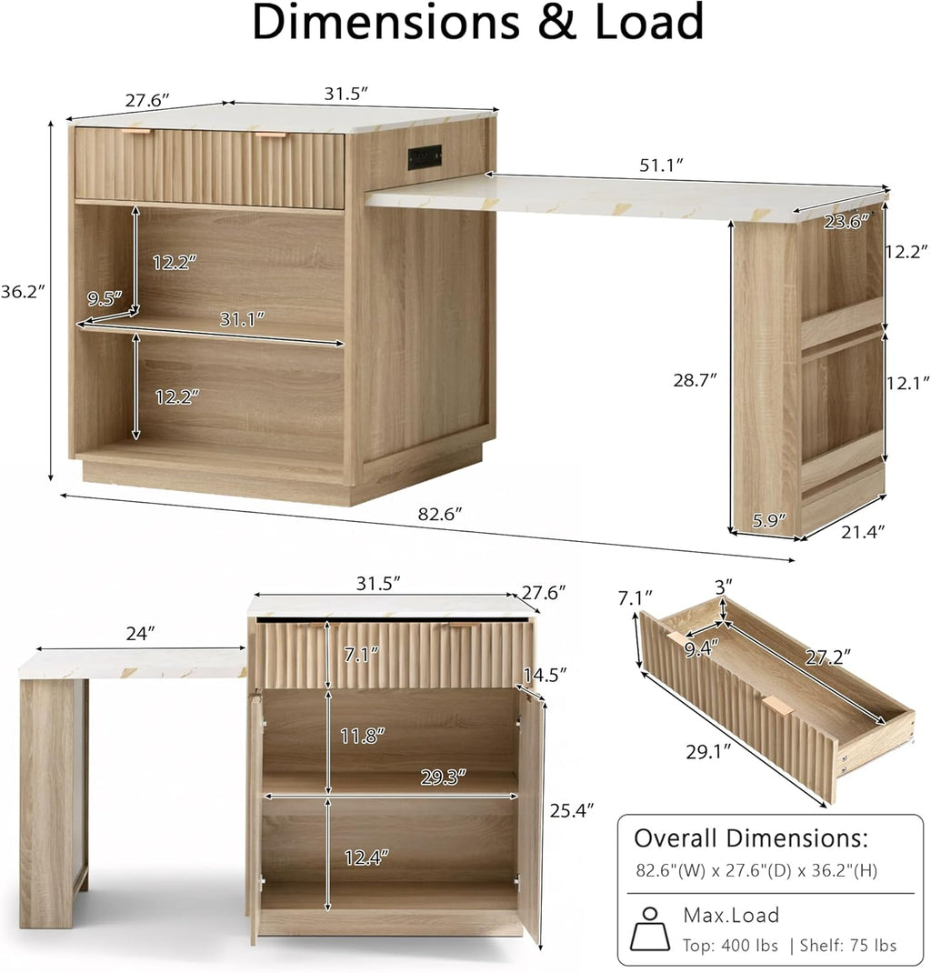 83" Extendable Kitchen Island with Drop Leaf Dining Table, Natural